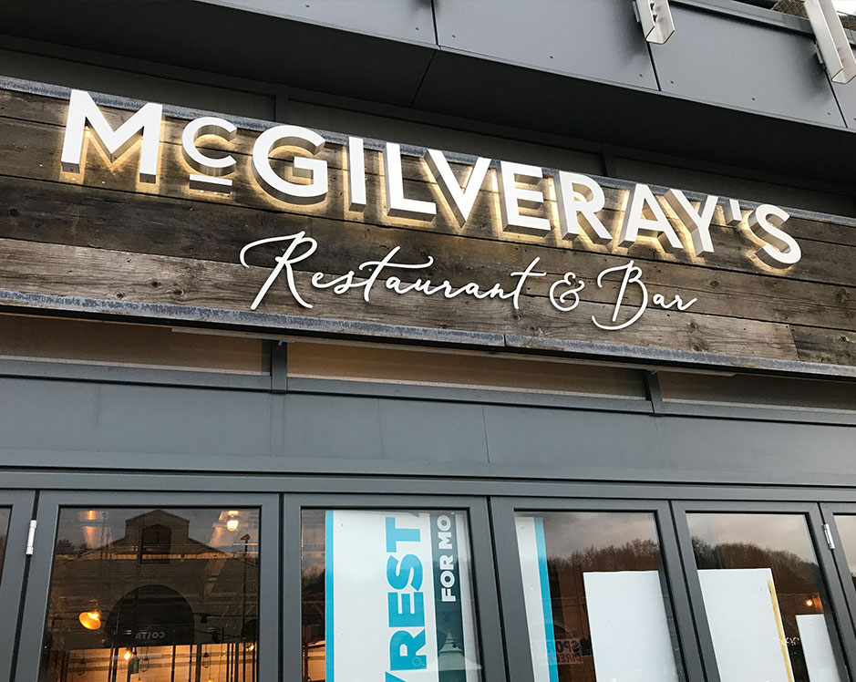 Illuminated McGilveray’s Restaurant and Bar fascia lettering.